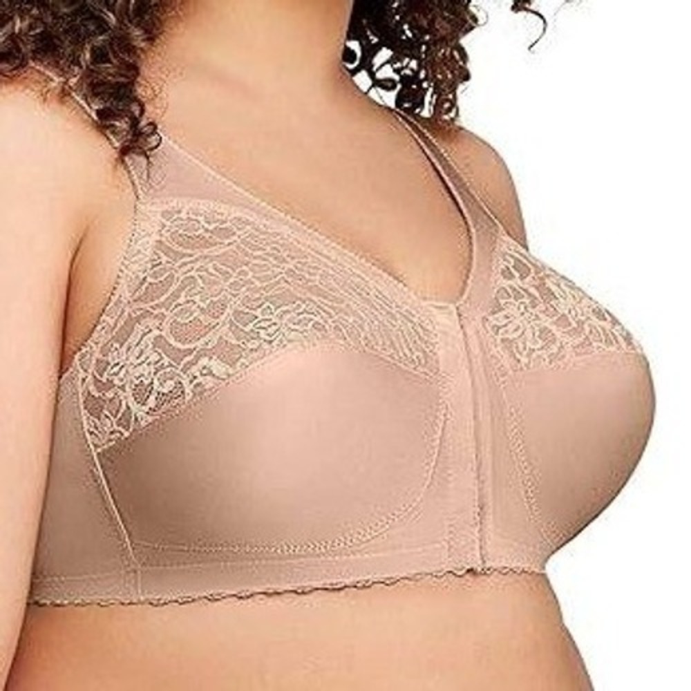 Glamorise‎ Womens MagicLift Front-Close Bra Size 44C Beige Lace Trim Wireless
